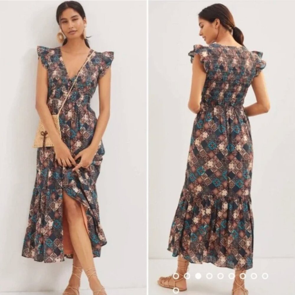 Anthropologie The Peregrine Midi Dress XS Smocked Button Front Pockets Cotton